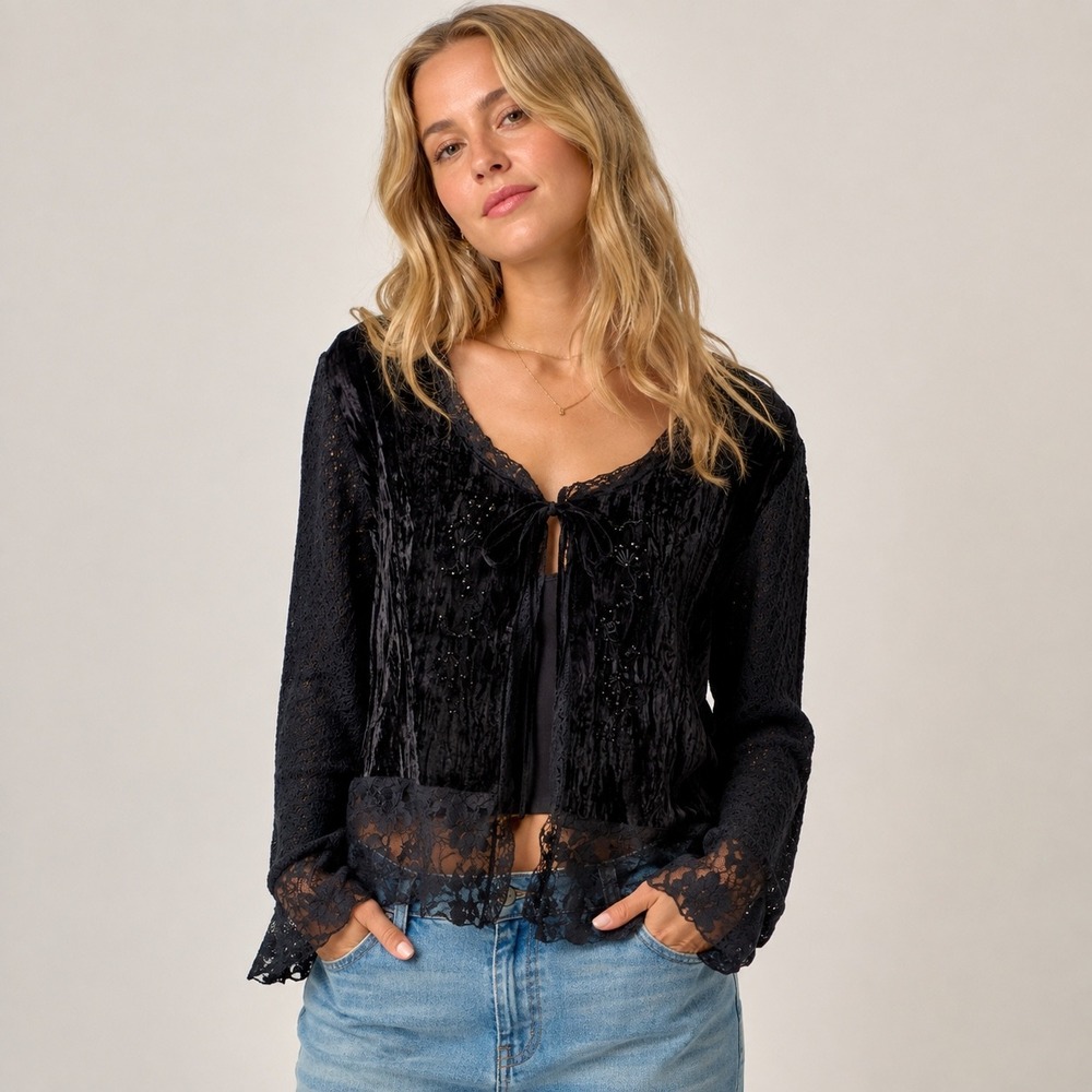 Vintage Y2K Half Moon Black Velvet Lace Beaded Tie Front Cardigan Top Witchy